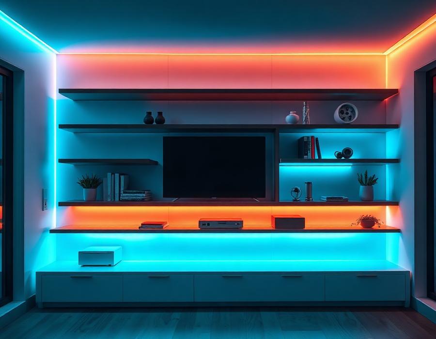 Colourful LED strip lighting behind shelves in a modern room