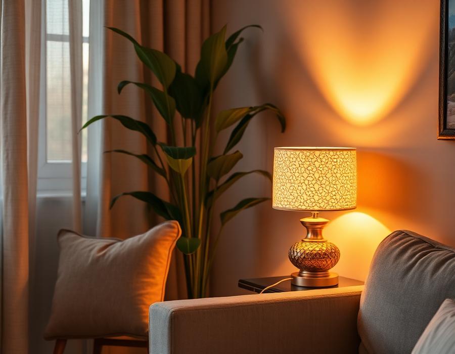Decorative lamp lighting a warm living room corner