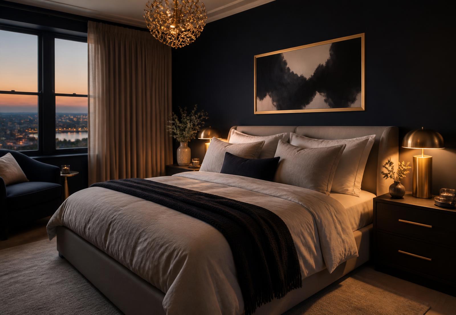 Cosy bedroom with warm LED bedside lamps and gold accents